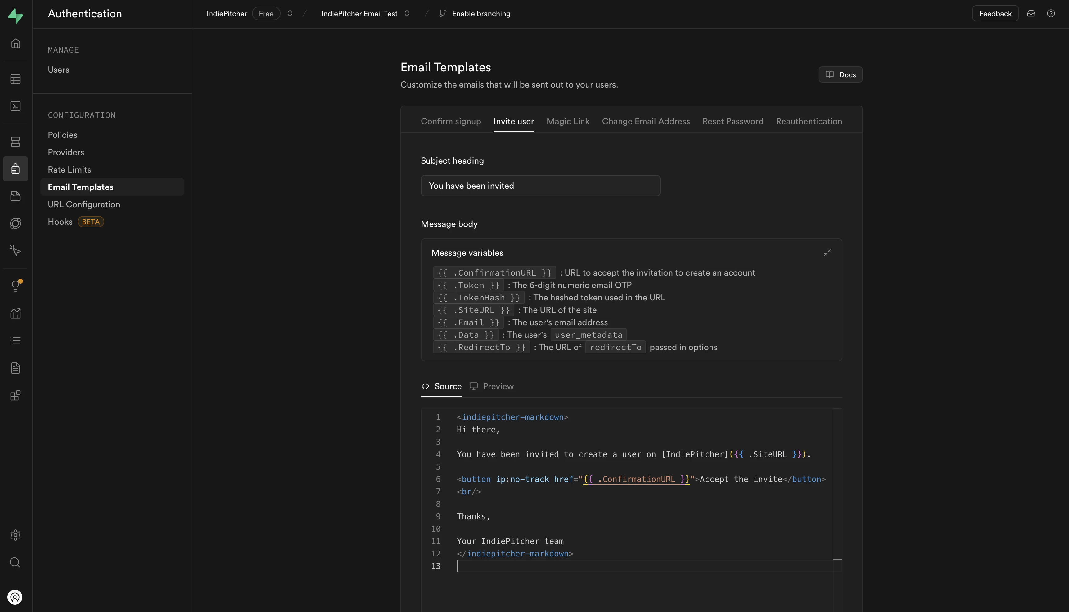 Supabase SMTP Settings