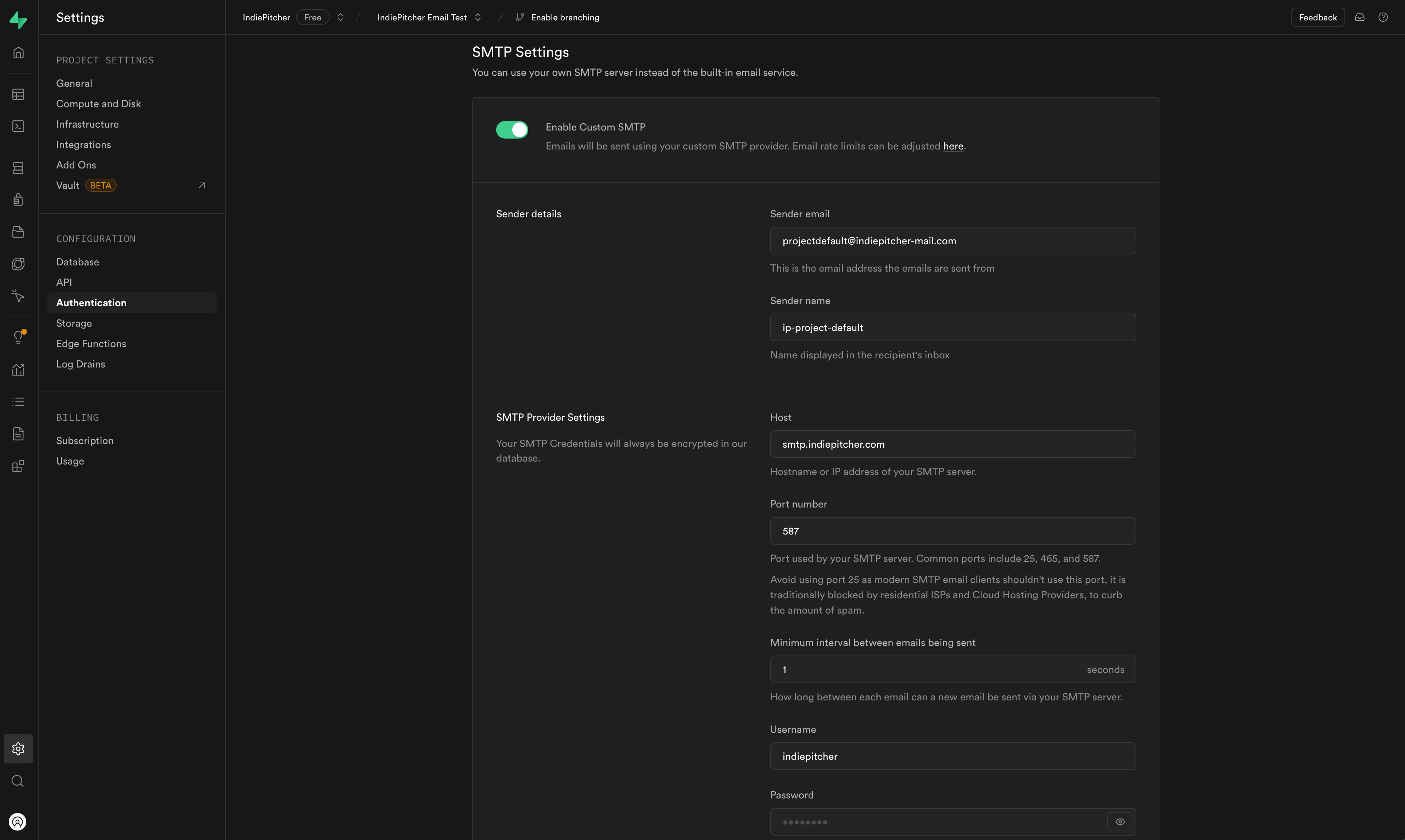 Supabase SMTP Settings