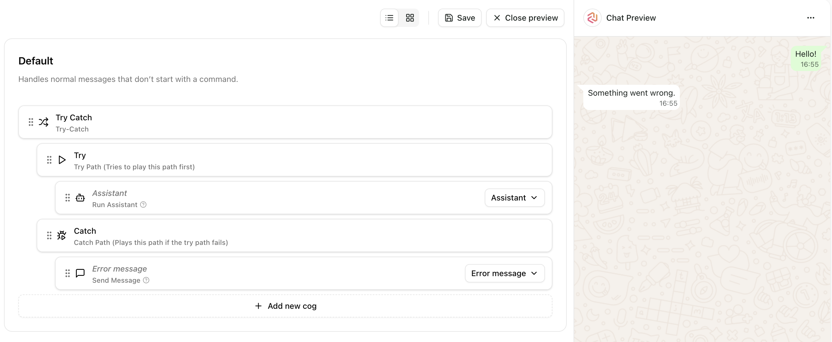 The try-catch chat preview example.