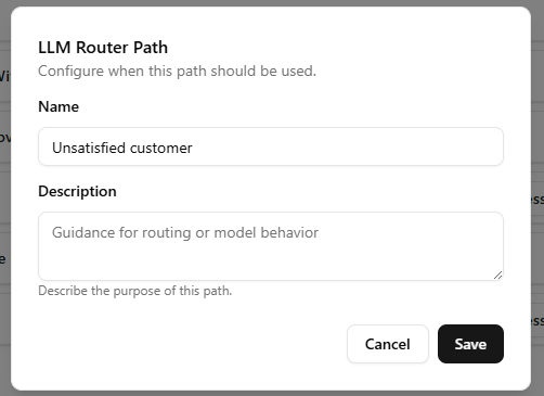 Edit LLM Router path modal.