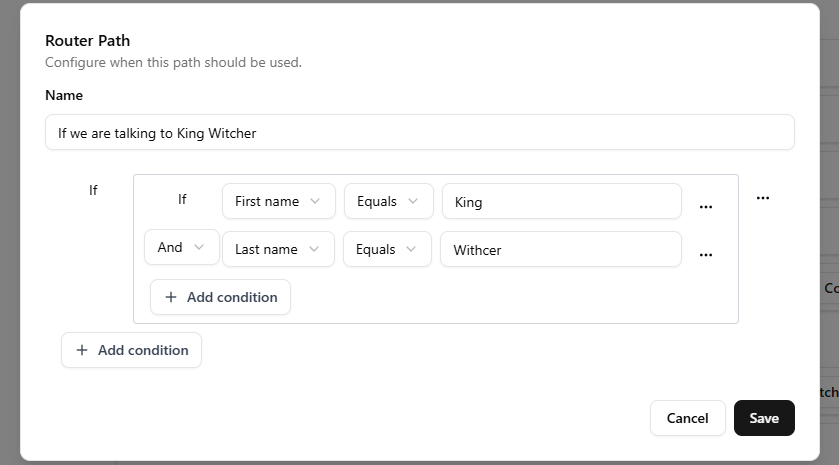 The router cog conditions modal.