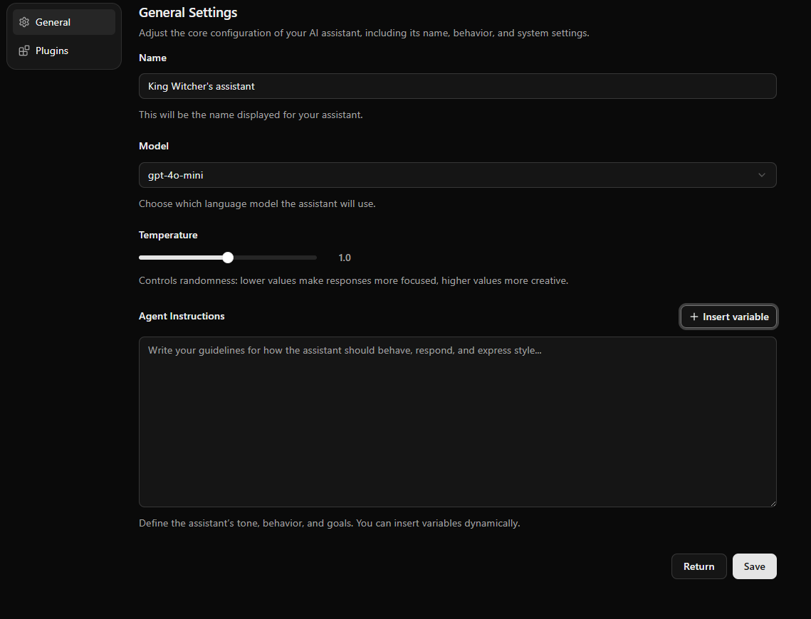 The engine assistant general tab.
