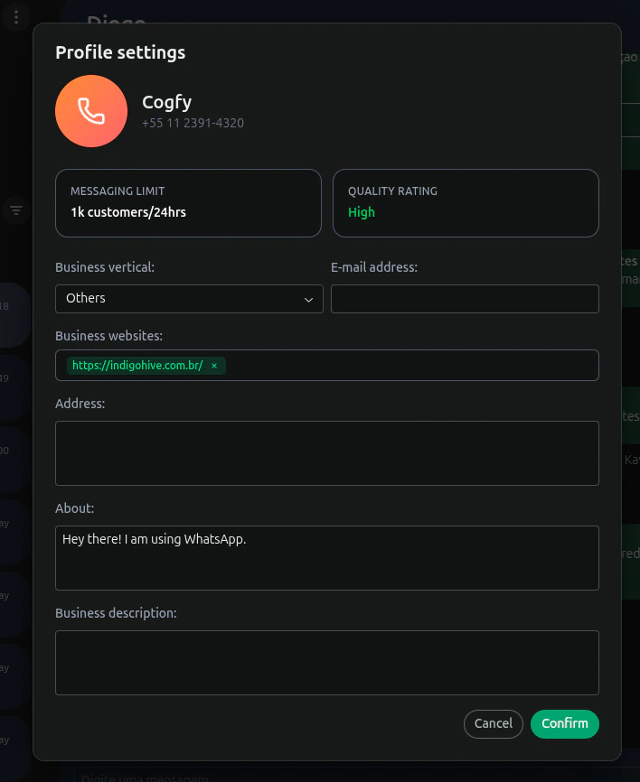 Screenshot of WhatsApp phone number profile settings dialog.
