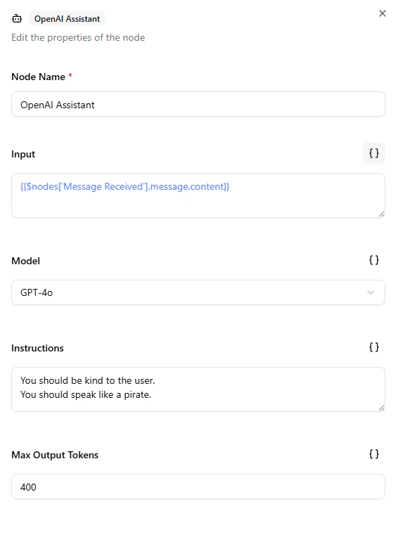 Filled OpenAI Assistant Node