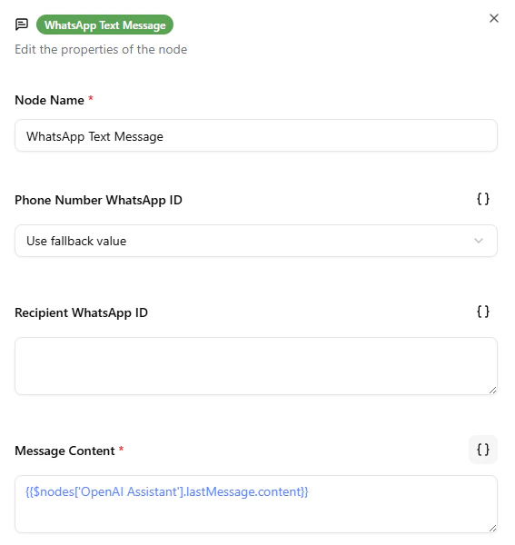 Filled WhatsApp Text Message Node