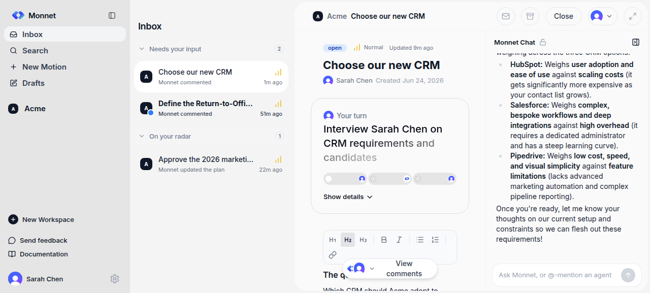 A motion page with the Monnet Chat panel showing a streamed reply and the chat input