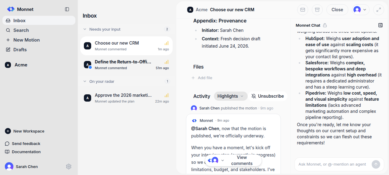 A motion's Activity feed with a published-the-motion event, an @mention, and reactions
