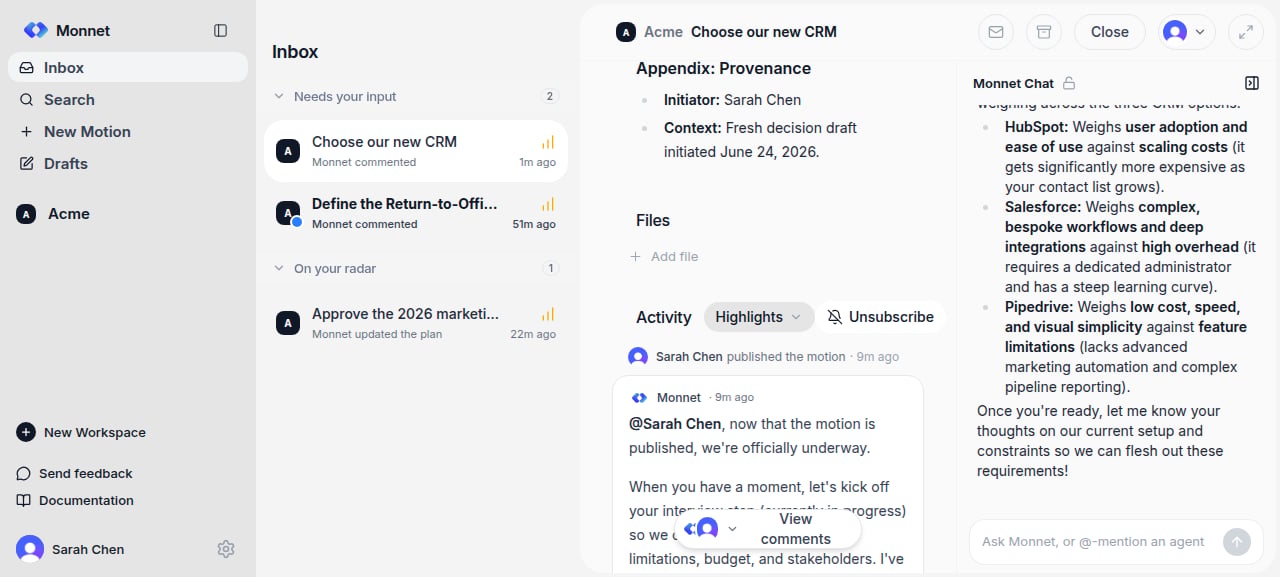 A motion's Activity feed with a published-the-motion event, an @mention, and reactions