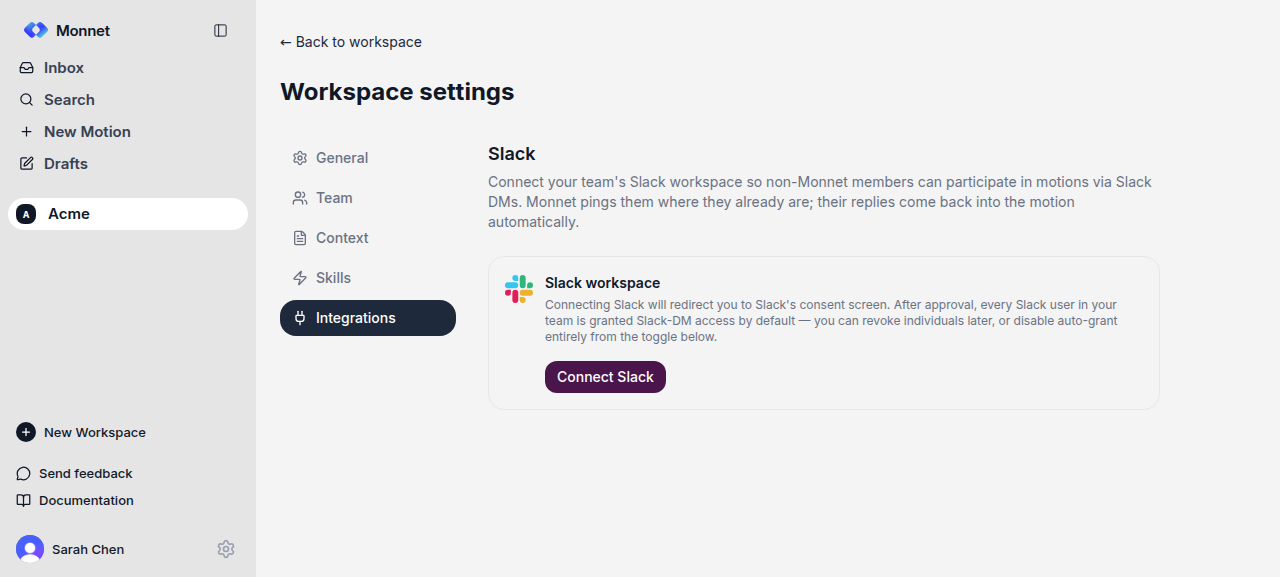 The Slack section of workspace Integrations settings with a Connect Slack button