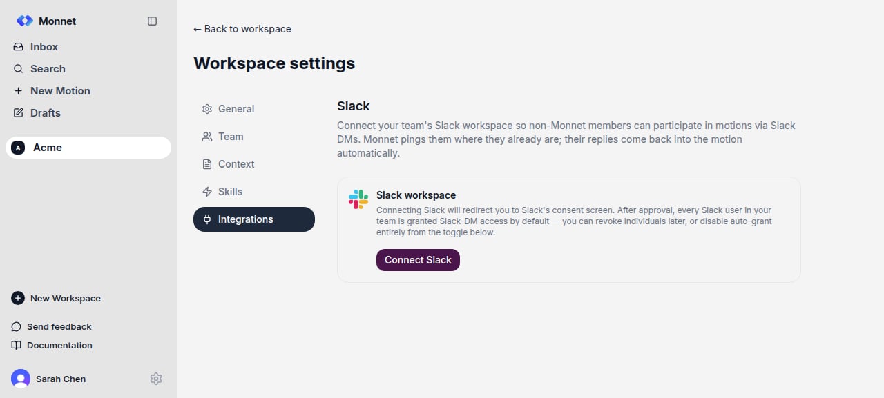 The Slack section of workspace Integrations settings with a Connect Slack button