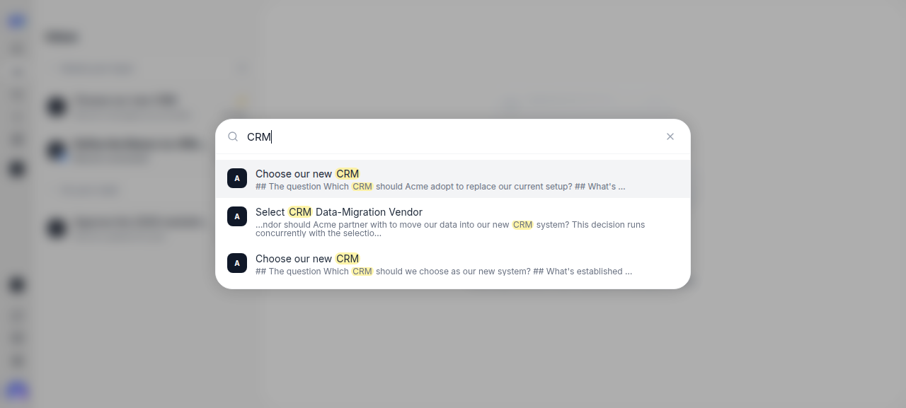 The search modal showing results for a query with the matching text highlighted