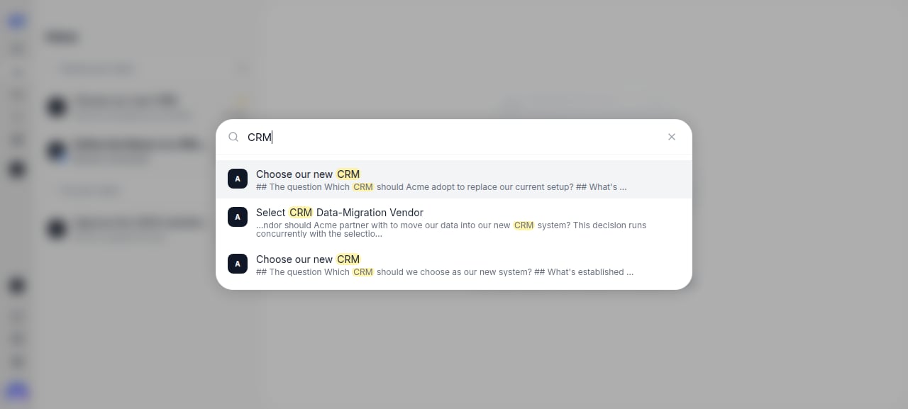 The search modal showing results for a query with the matching text highlighted