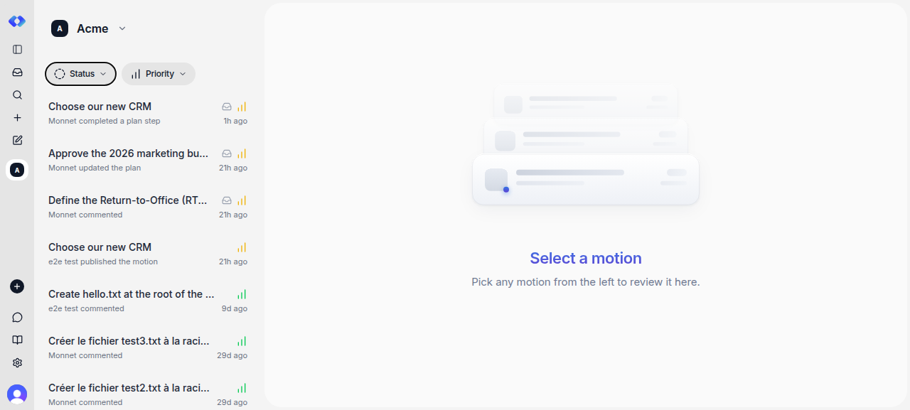 A workspace motion list showing all motions with Status and Priority filter chips