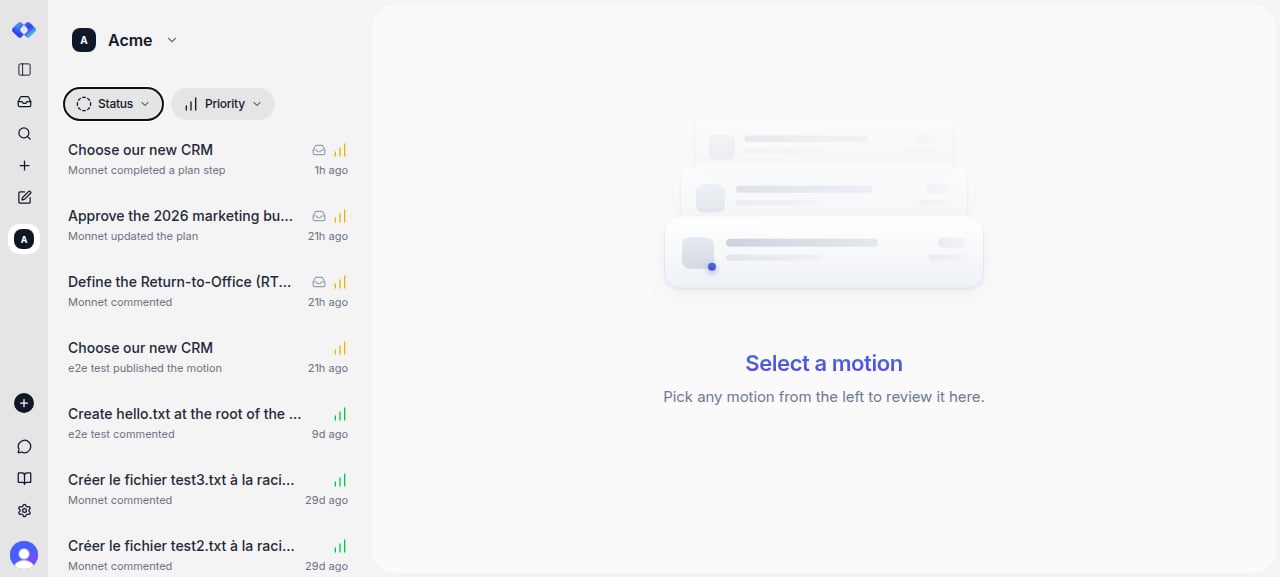 A workspace motion list showing all motions with Status and Priority filter chips