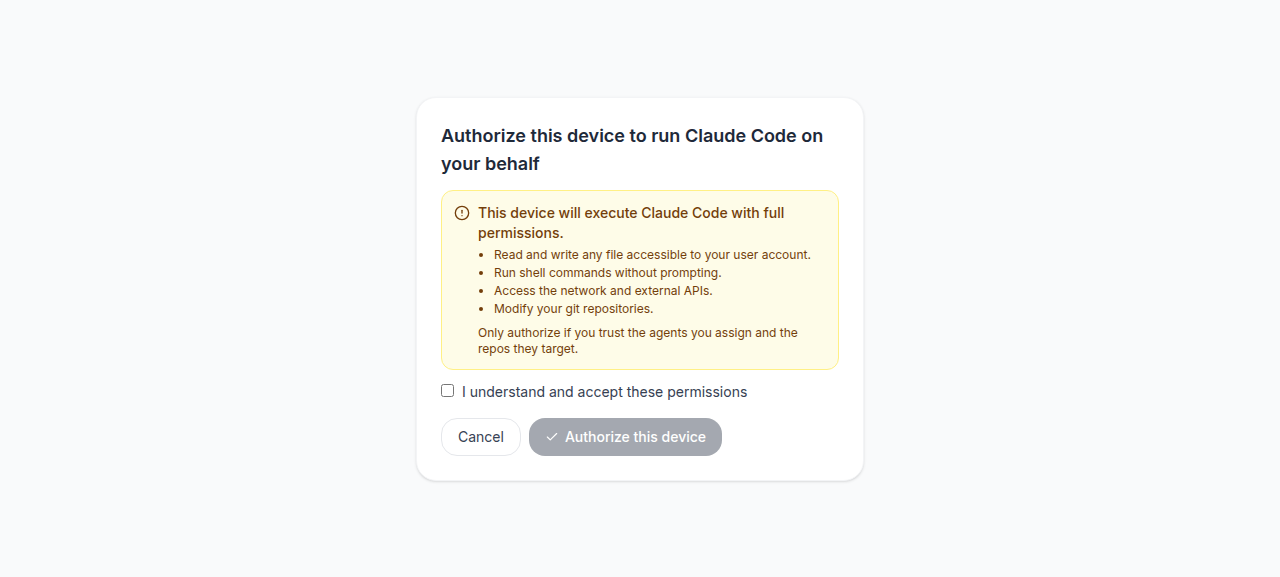 Device authorization page disclosing file, shell, network, and git permissions with an Authorize this device button