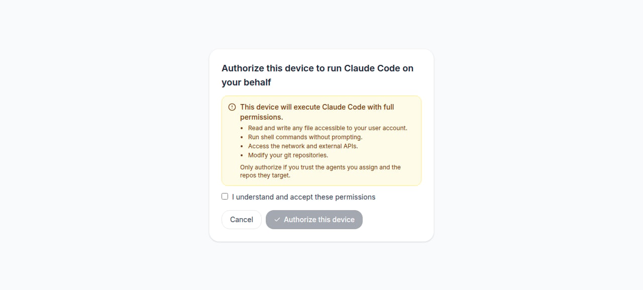 Device authorization page disclosing file, shell, network, and git permissions with an Authorize this device button