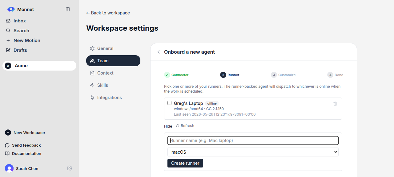 Onboard agent wizard at the Runner step with a runner name field, an OS picker, and a Create runner button