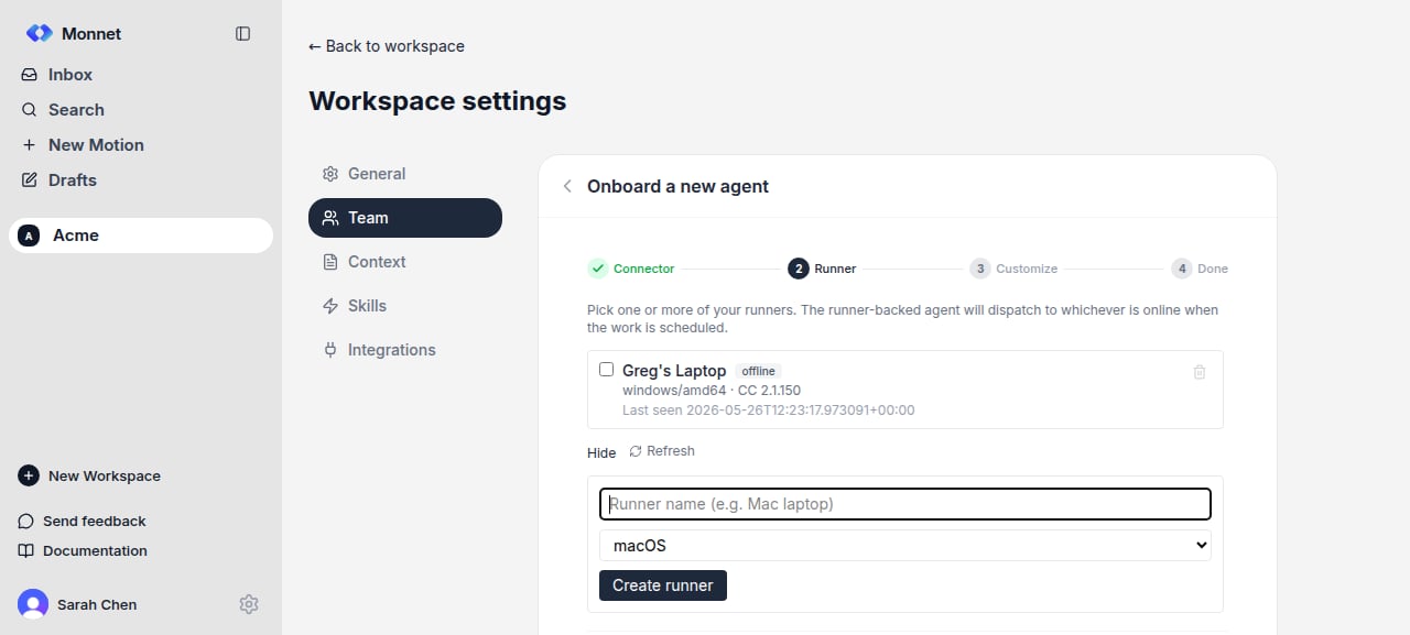 Onboard agent wizard at the Runner step with a runner name field, an OS picker, and a Create runner button