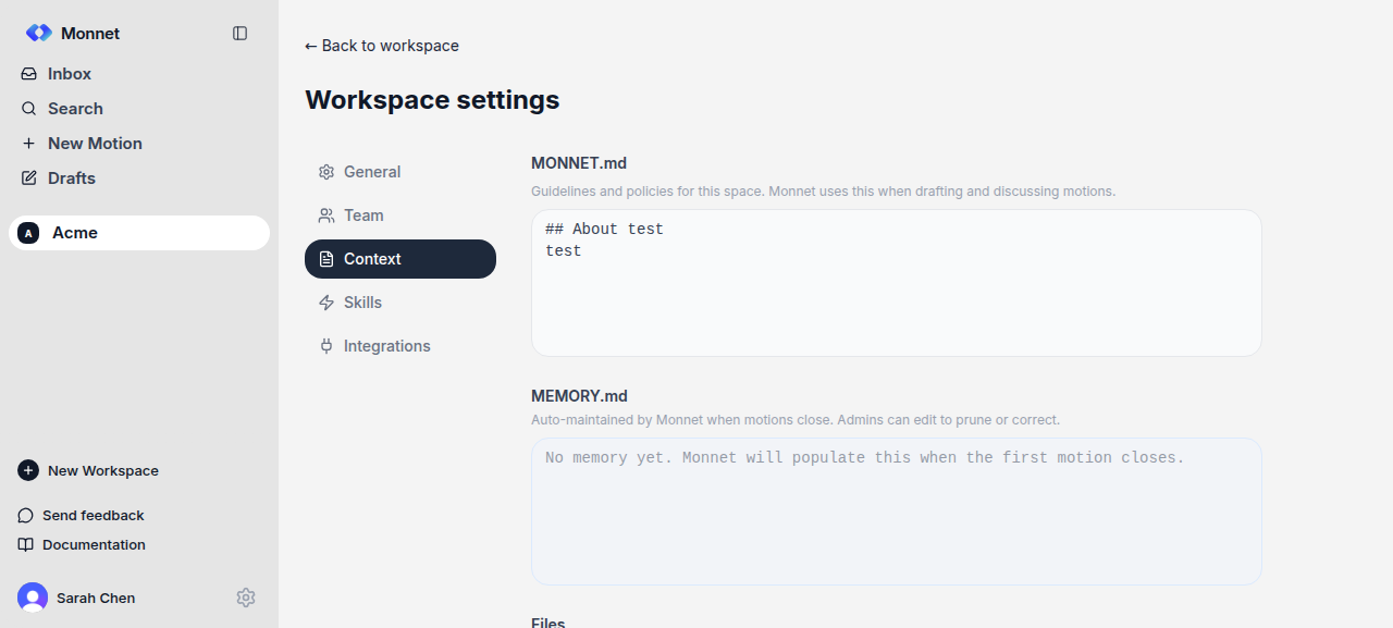 Context tab showing the MONNET.md policy field, the auto-maintained MEMORY.md field, and the Files section