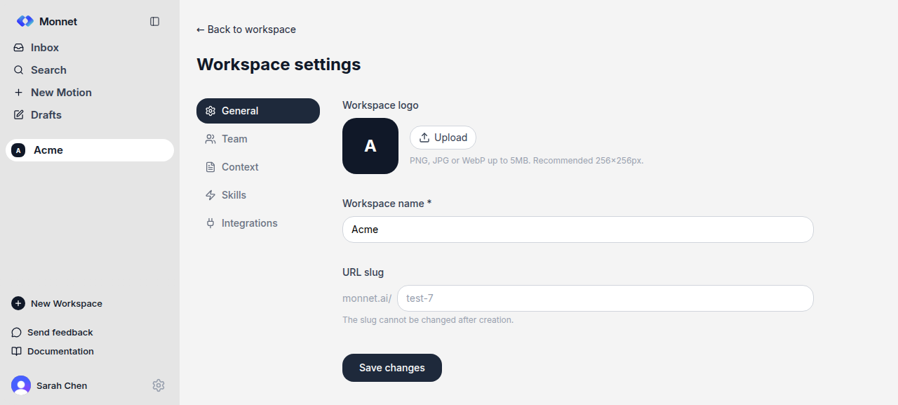 Workspace settings General tab with logo, name, and URL slug