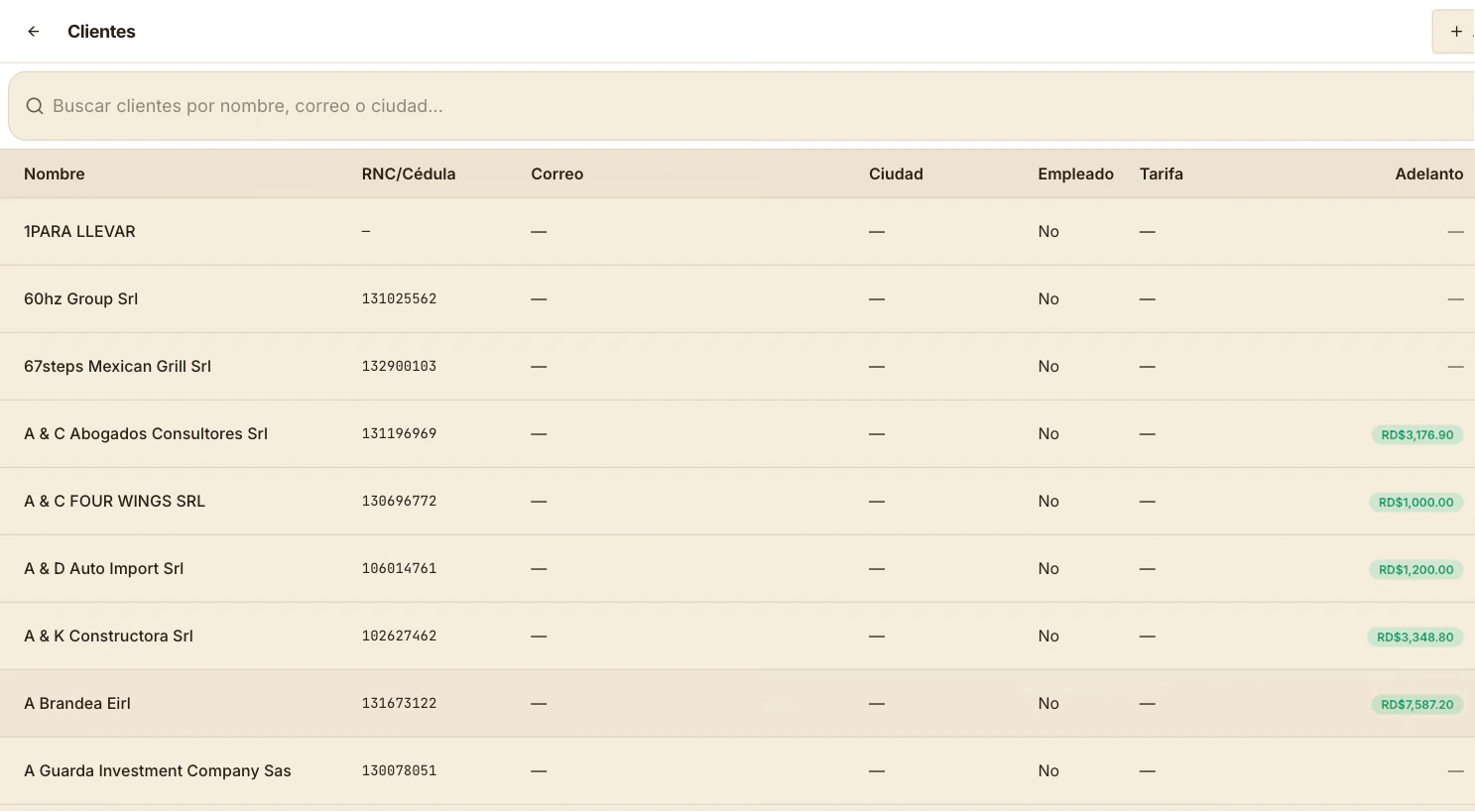 Lista de clientes con buscador y columna de Adelanto