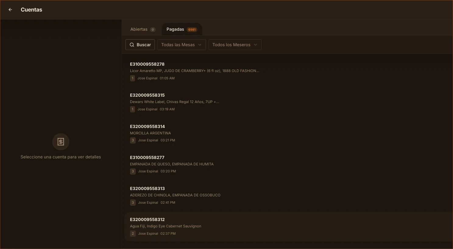 Lista de cuentas pagadas con NCF, productos y mesero