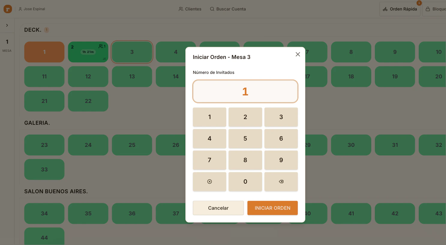 Modal Iniciar Orden con teclado numérico y botón Iniciar Orden