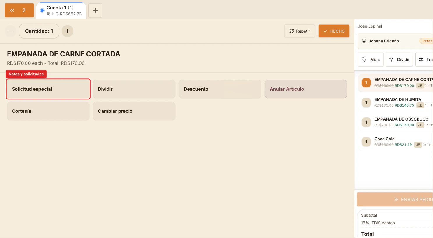 Botón Solicitud especial en el panel del ítem