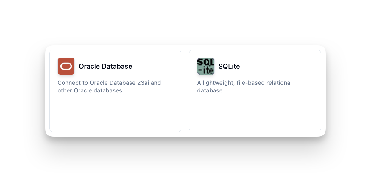 Database connection dialog showing Oracle and SQLite options