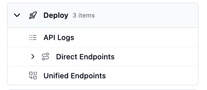 Deploy section with API Logs, Direct Endpoints, and Unified Endpoints