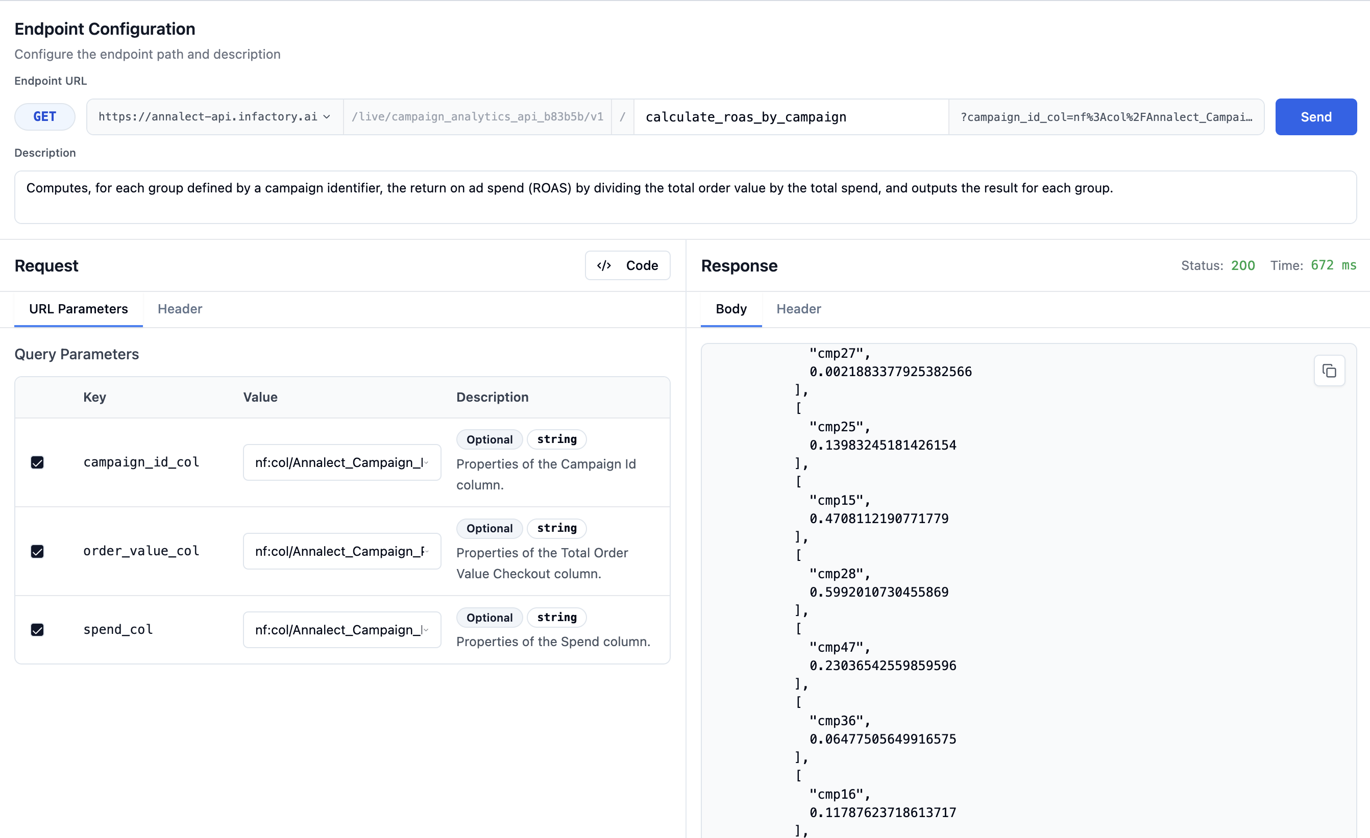 Testing interface showing endpoint configuration and parameters