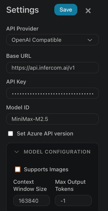 Blackbox AI settings configured for Infercom