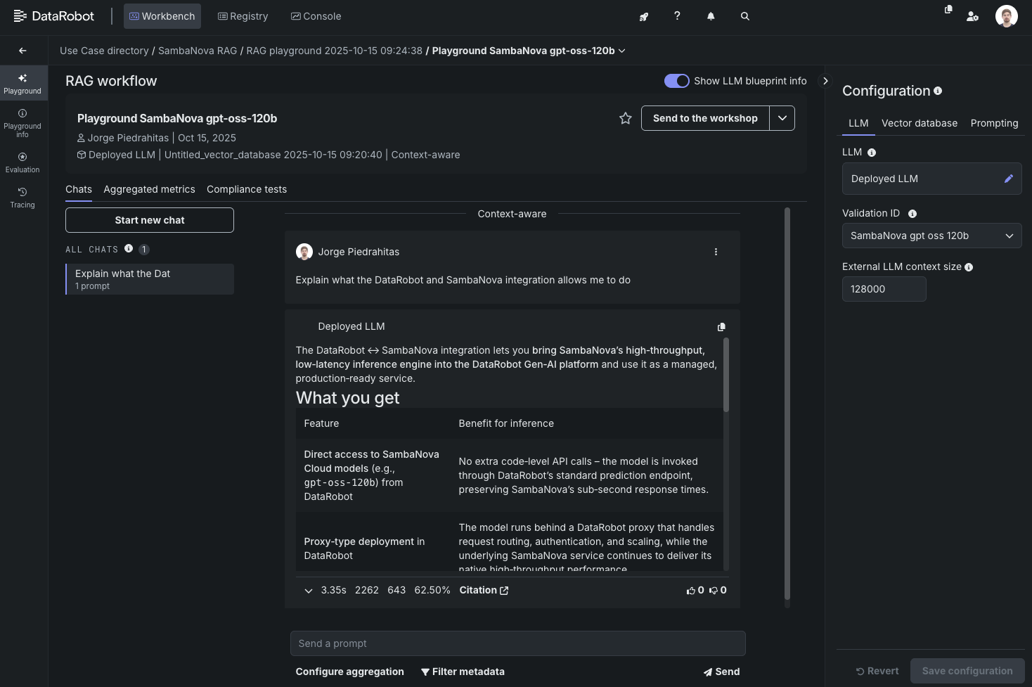 DataRobot RAG Playground with SambaNova models