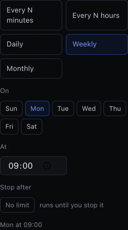 The recurrence editor with Weekly selected among five shape buttons — Every N minutes, Every N hours, Daily, Weekly, Monthly. Below, a row of day chips from Sun to Sat with Mon highlighted in cobalt, a time field showing 09:00, a Stop after control reading No limit, runs until you stop it, and a line beneath reading Mon at 09:00.