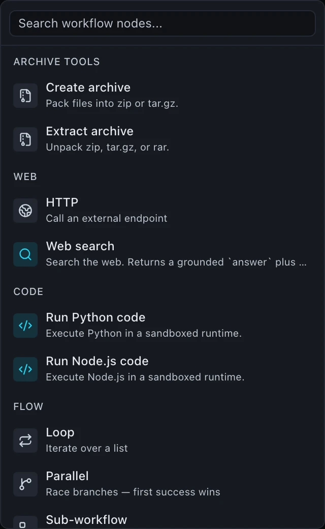 A palette group headed ARCHIVE TOOLS with two entries: Create archive, packing files into zip or tar.gz; and Extract archive, unpacking zip, tar.gz or rar.