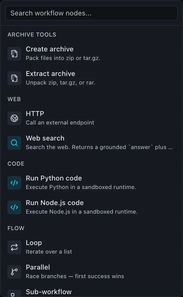 A palette group headed ARCHIVE TOOLS with two entries: Create archive, packing files into zip or tar.gz; and Extract archive, unpacking zip, tar.gz or rar.
