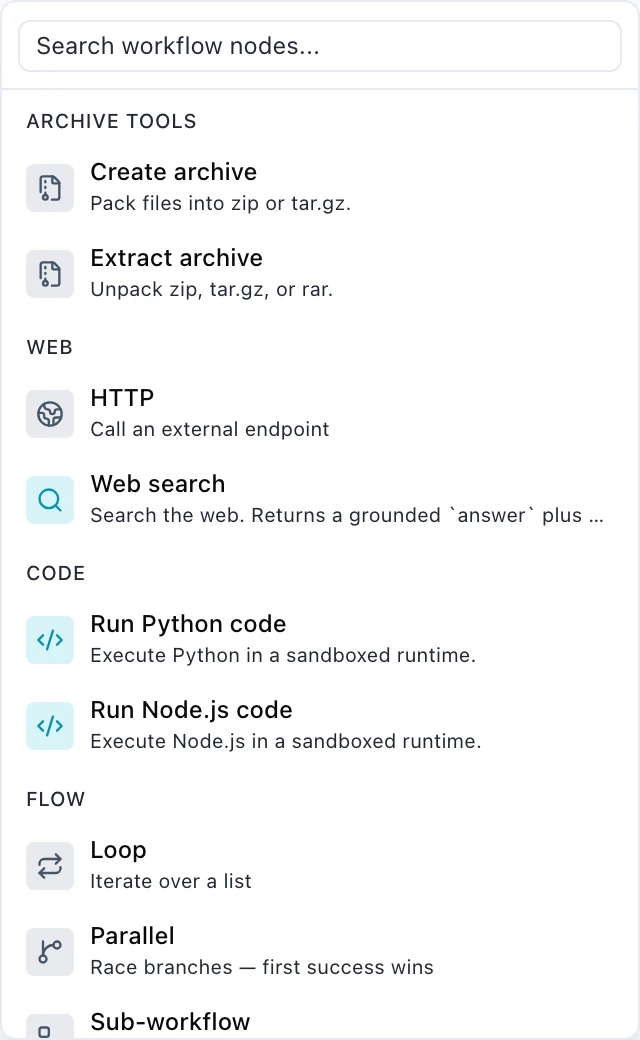 A palette group headed ARCHIVE TOOLS with two entries: Create archive, packing files into zip or tar.gz; and Extract archive, unpacking zip, tar.gz or rar.