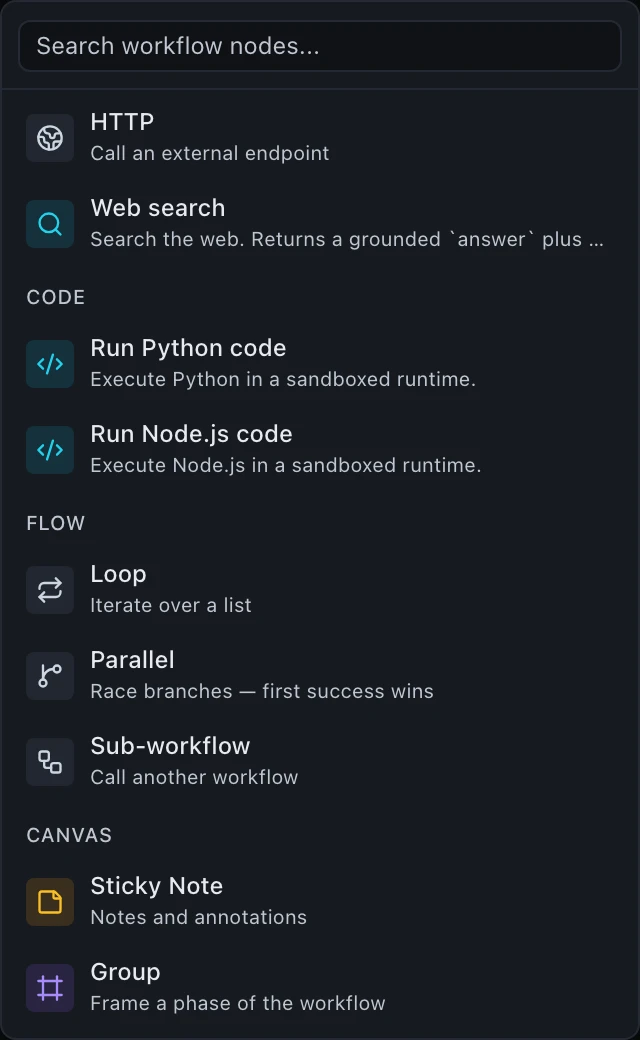 A palette group headed CODE with two entries: Run Python code and Run Node.js code, each executing in a sandboxed runtime.