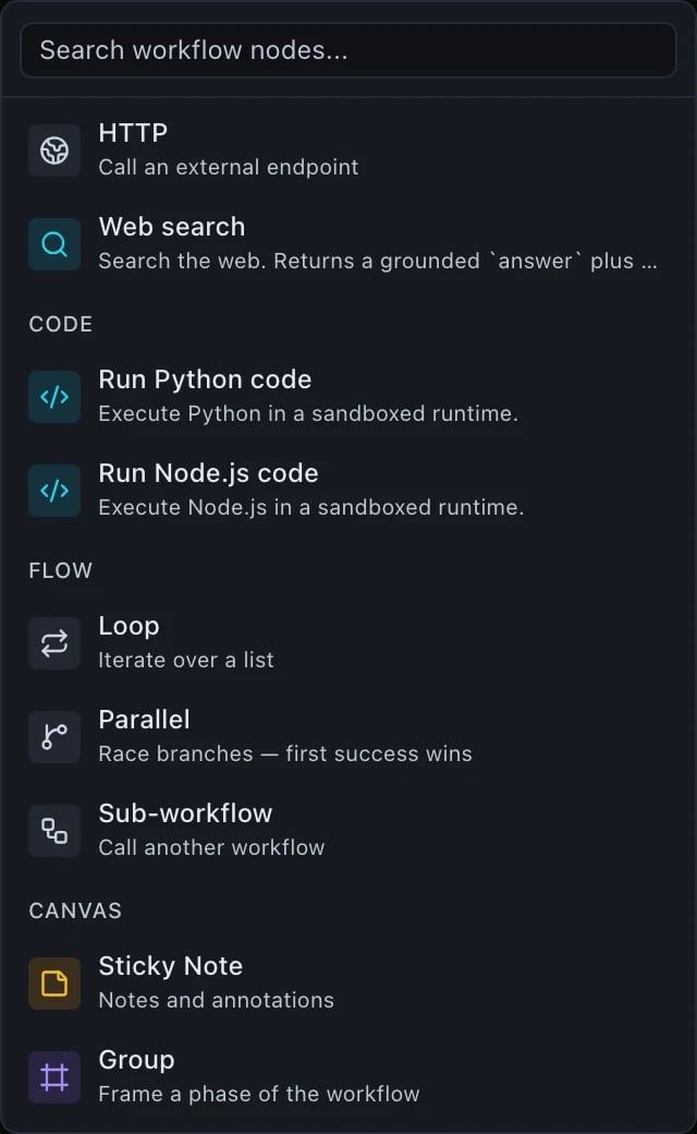 A palette group headed CODE with two entries: Run Python code and Run Node.js code, each executing in a sandboxed runtime.