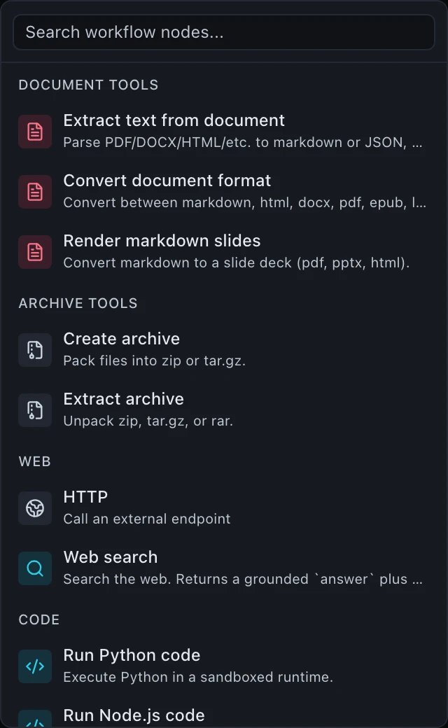 A palette group headed DOCUMENT TOOLS with three entries: Extract text from document, parsing PDF, DOCX, HTML and others to markdown or JSON; Convert document format, between markdown, html, docx, pdf, epub and latex; and Render markdown slides, converting markdown to a slide deck as pdf, pptx or html.