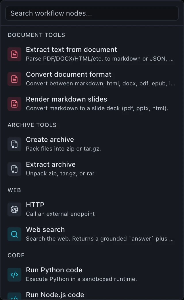 A palette group headed DOCUMENT TOOLS with three entries: Extract text from document, parsing PDF, DOCX, HTML and others to markdown or JSON; Convert document format, between markdown, html, docx, pdf, epub and latex; and Render markdown slides, converting markdown to a slide deck as pdf, pptx or html.