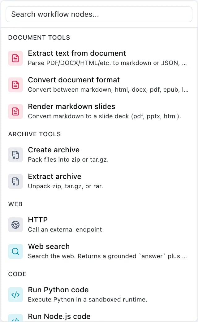 A palette group headed DOCUMENT TOOLS with three entries: Extract text from document, parsing PDF, DOCX, HTML and others to markdown or JSON; Convert document format, between markdown, html, docx, pdf, epub and latex; and Render markdown slides, converting markdown to a slide deck as pdf, pptx or html.