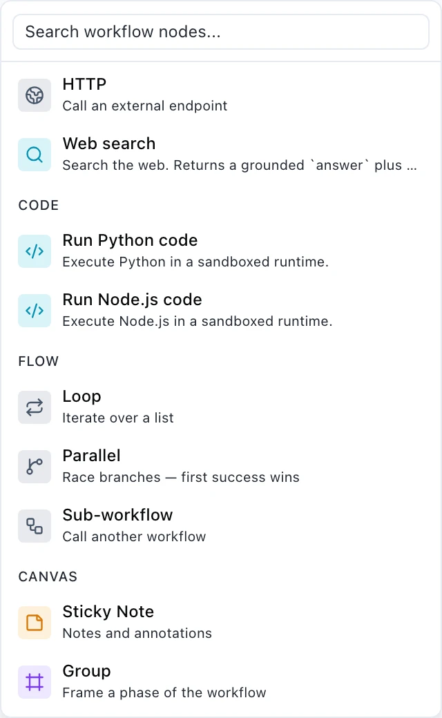 A palette group headed FLOW with three entries: Loop, iterate over a list; Parallel, race branches where the first success wins; and Sub-workflow, call another workflow.