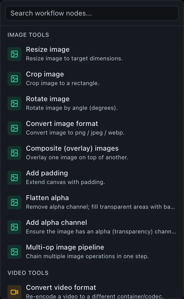 A palette group headed IMAGE TOOLS listing nine entries: Resize image, Crop image, Rotate image, Convert image format, Composite (overlay) images, Add padding, Flatten alpha, Add alpha channel, and Multi-op image pipeline, which chains multiple image operations in one step.