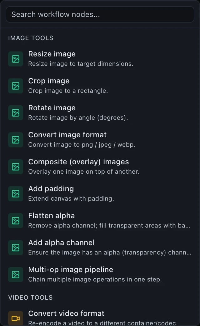 A palette group headed IMAGE TOOLS listing nine entries: Resize image, Crop image, Rotate image, Convert image format, Composite (overlay) images, Add padding, Flatten alpha, Add alpha channel, and Multi-op image pipeline, which chains multiple image operations in one step.