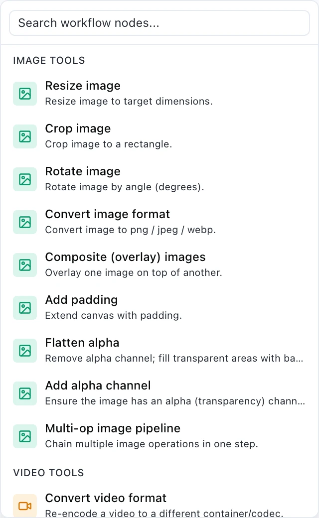 A palette group headed IMAGE TOOLS listing nine entries: Resize image, Crop image, Rotate image, Convert image format, Composite (overlay) images, Add padding, Flatten alpha, Add alpha channel, and Multi-op image pipeline, which chains multiple image operations in one step.