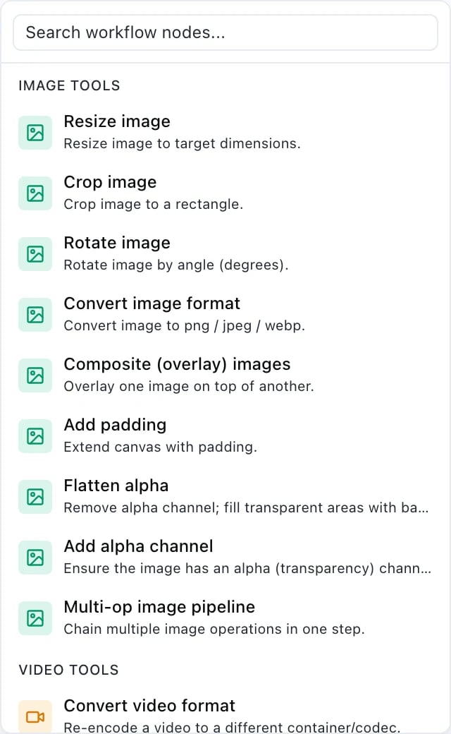 A palette group headed IMAGE TOOLS listing nine entries: Resize image, Crop image, Rotate image, Convert image format, Composite (overlay) images, Add padding, Flatten alpha, Add alpha channel, and Multi-op image pipeline, which chains multiple image operations in one step.
