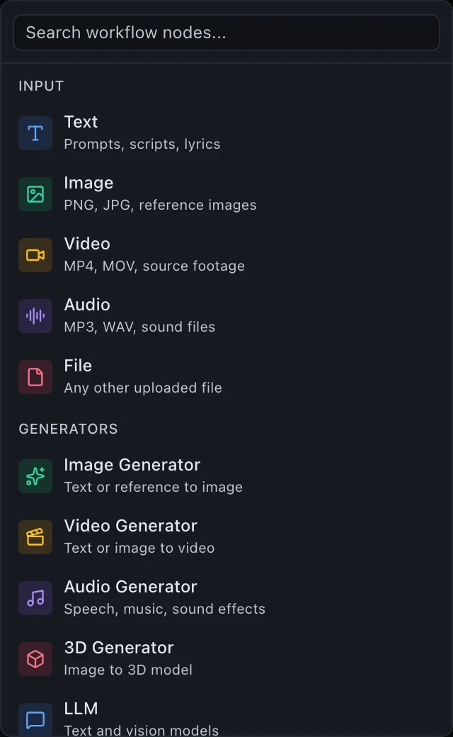 A palette group headed INPUT with five entries: Text, for prompts, scripts and lyrics; Image, PNG, JPG and reference images; Video, MP4, MOV and source footage; Audio, MP3, WAV and sound files; and File, any other uploaded file.