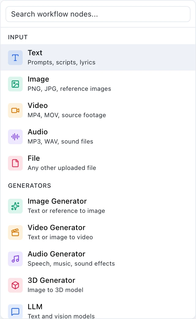 A palette group headed INPUT with five entries: Text, for prompts, scripts and lyrics; Image, PNG, JPG and reference images; Video, MP4, MOV and source footage; Audio, MP3, WAV and sound files; and File, any other uploaded file.