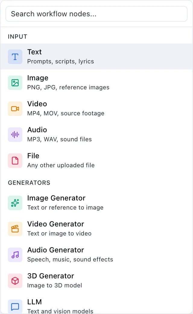 A palette group headed INPUT with five entries: Text, for prompts, scripts and lyrics; Image, PNG, JPG and reference images; Video, MP4, MOV and source footage; Audio, MP3, WAV and sound files; and File, any other uploaded file.